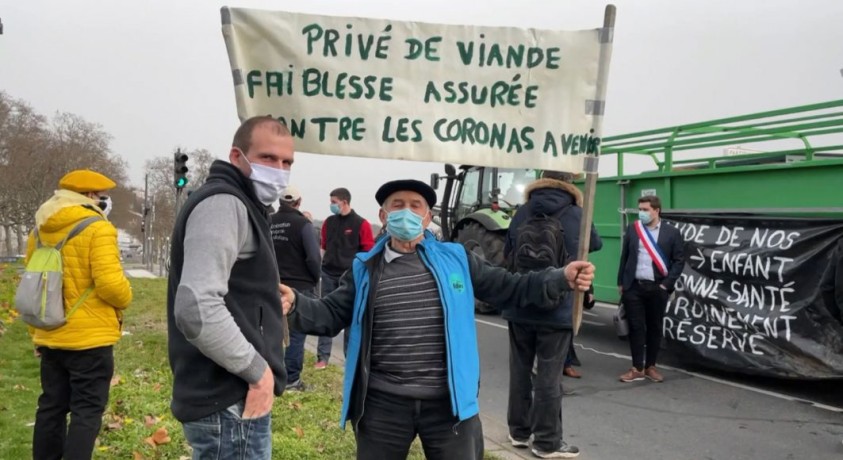 ლიონში ფერმერები სკოლის სასადილოების მენიუდან ხორცის ამოღებას აპროტესტებენ