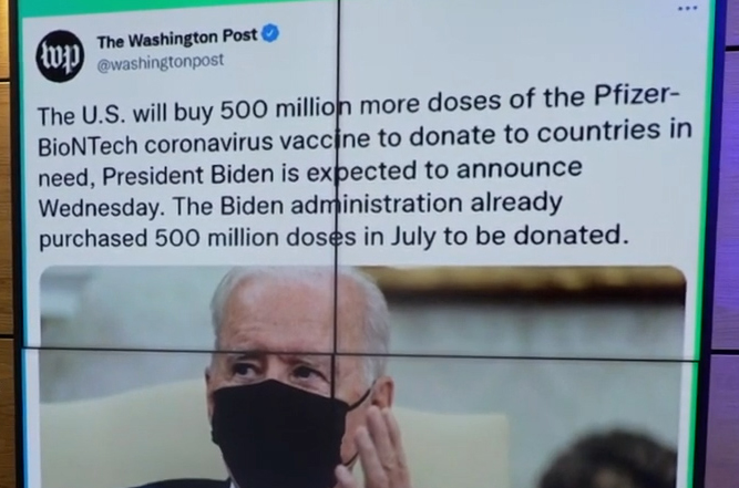 აშშ დაბალშემოსავლიან ქვეყნებს დამატებით 500 მილიონ დოზა ვაქცინას გაუგზავნის