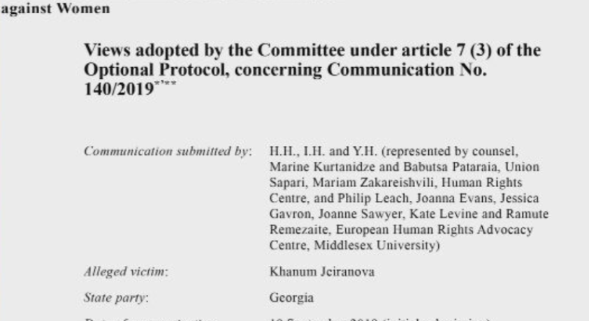 გაეროს ქალთა უფლებების კომიტეტმა დაადგინა, რომ საქართველომ ვერ უზრუნველჰყო ხანუმ ჯეირანოვას დაცვა