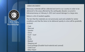 თურქეთის საელჩო საქართველოში მიწისძვრით დაზარალებულთათვის საჭირო ნივთებს აგროვებს